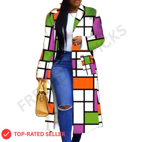 Geometric Print Trench Coat Double Breasted Classic Chic Outerwear Jacket